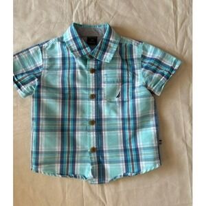 Nautica Shirt Boys Sz 18 Month Blue Multicolor Plaid Short Sleeve Button Up